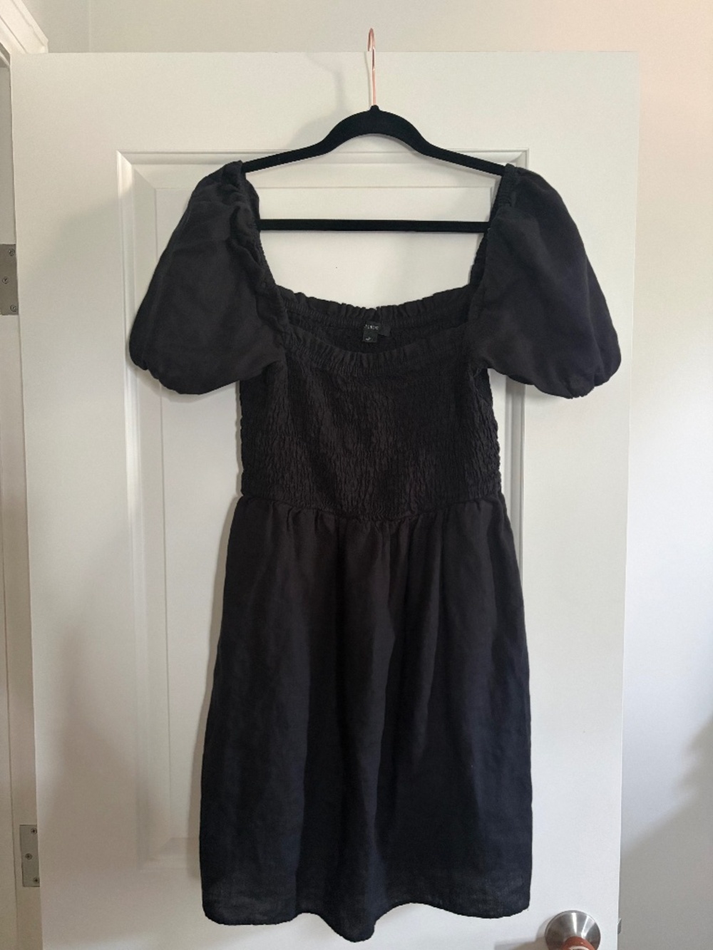 J.crew Linen Mini Dress Black Puff Sleeve Smocked Square Neck SZ Large